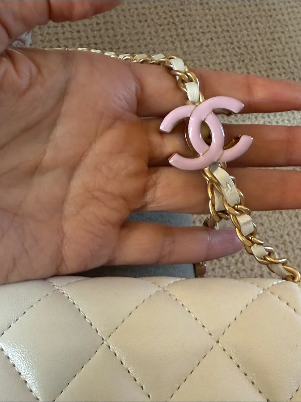CHANEL Cream Quilted Leather Chain Crossbody with Gold Hardware